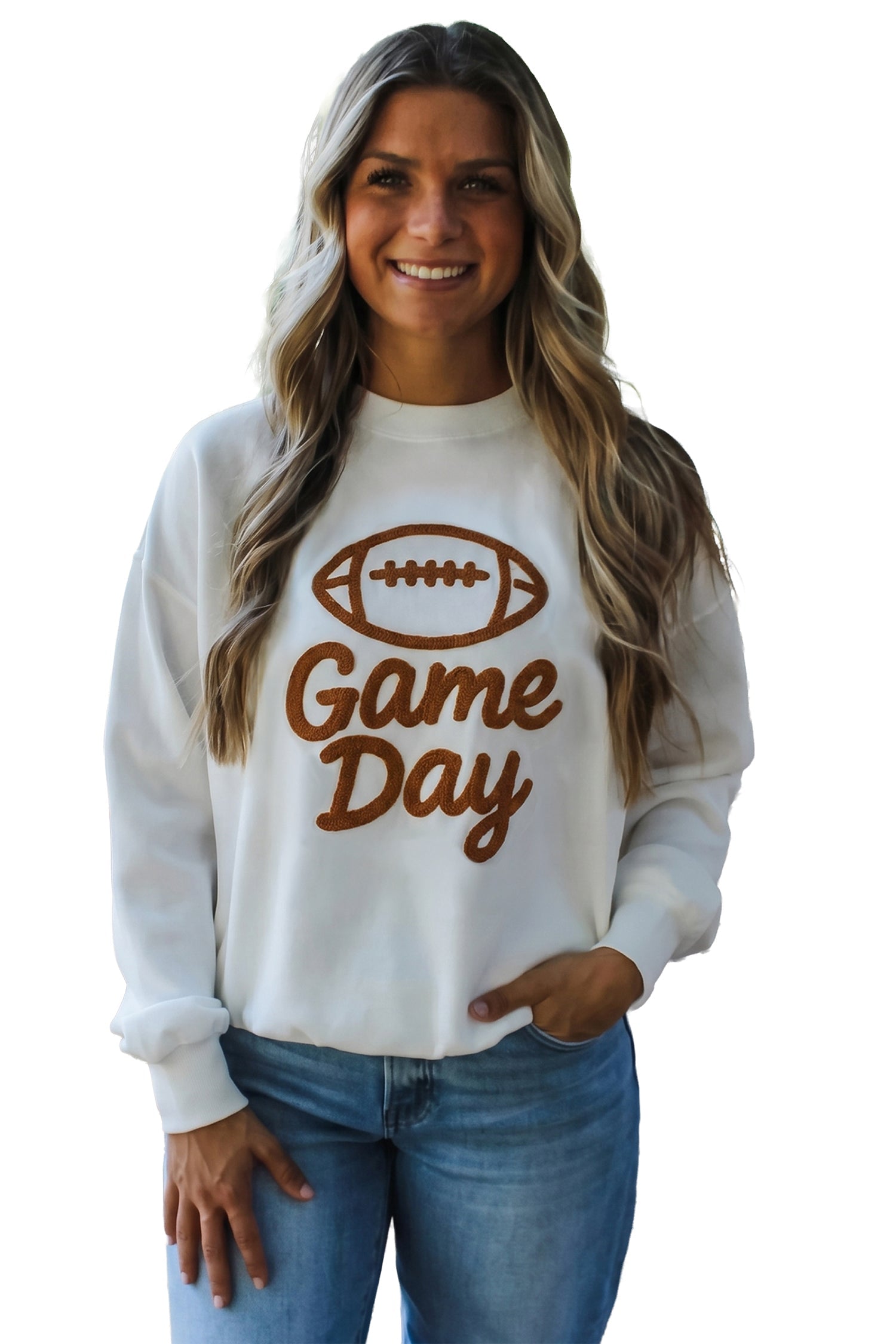 Embroidered Day Slogan Game Rugby Pattern Crewneck Sweatshirt in White