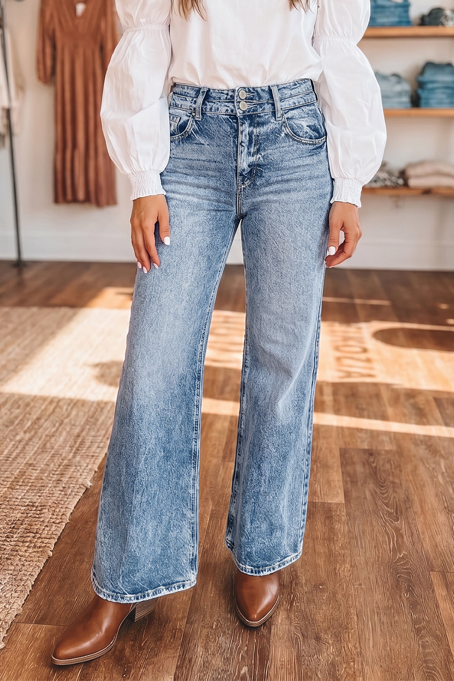 Beau Blue Fashion Blue Acid Wash Pocket Detail Flare Jeans