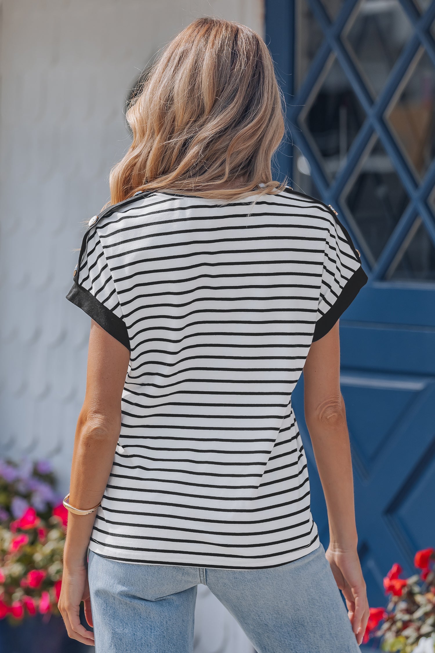 Cuffed Sleeve Stripe Sleeve Button Detail Loose Tee in Black