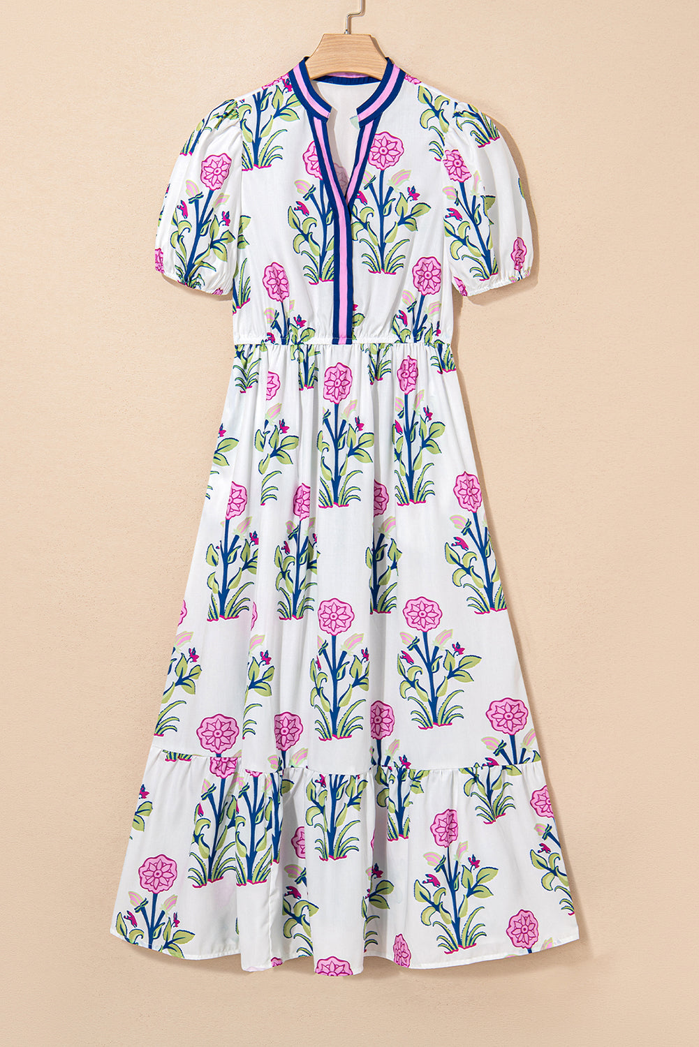 Polished Puff White Floral Short-Sleeved V-Neck Maxi Dress