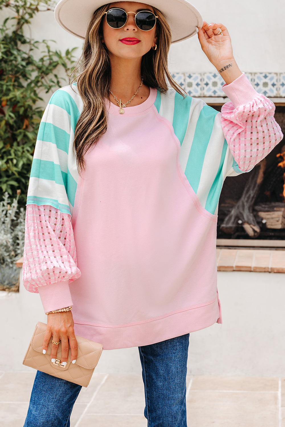 Striped Cute Pink Patchwork Raglan Pullover Top with Slits