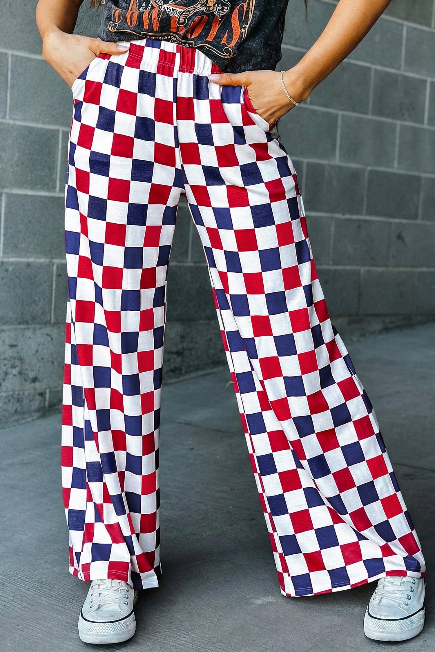 2-Tone High-Waisted Checked Print Wide-Leg Pants in Red