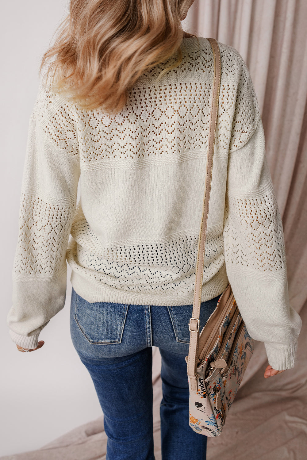 White Eyelet Pattern Detail V Neck Sweater