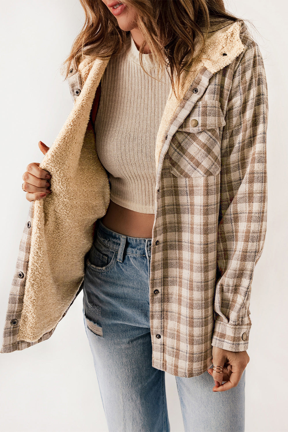Women's Shacket Featuring Sherpa Lined Hooded Plaid Pattern