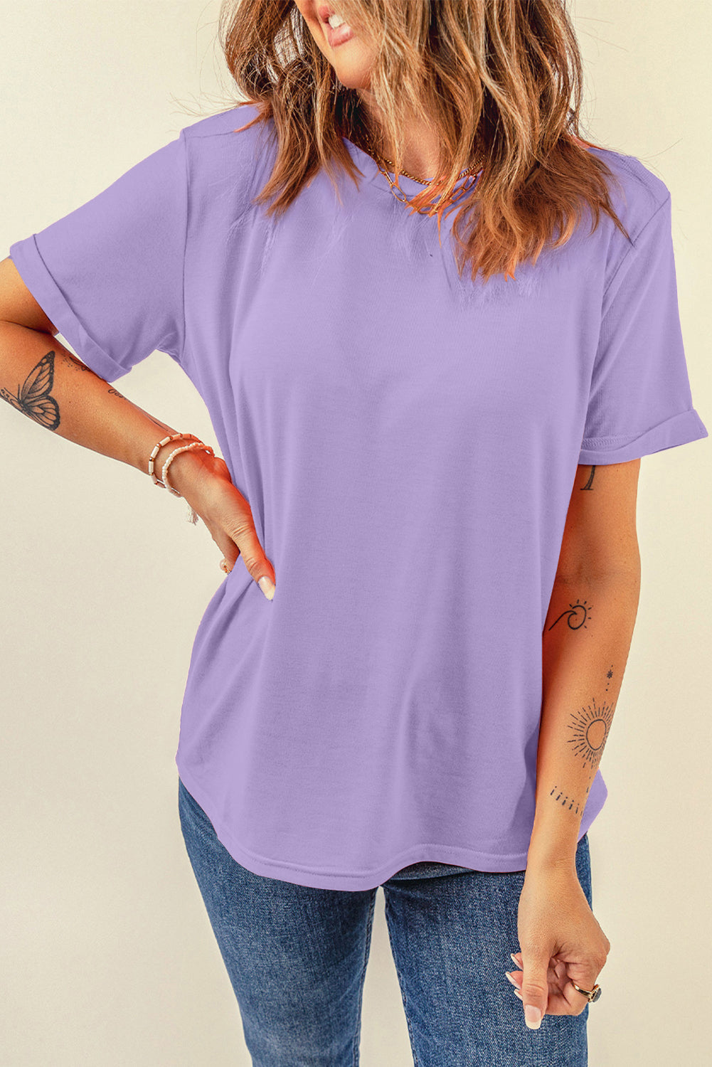 Purple Casual Plain Crew Neck Tee