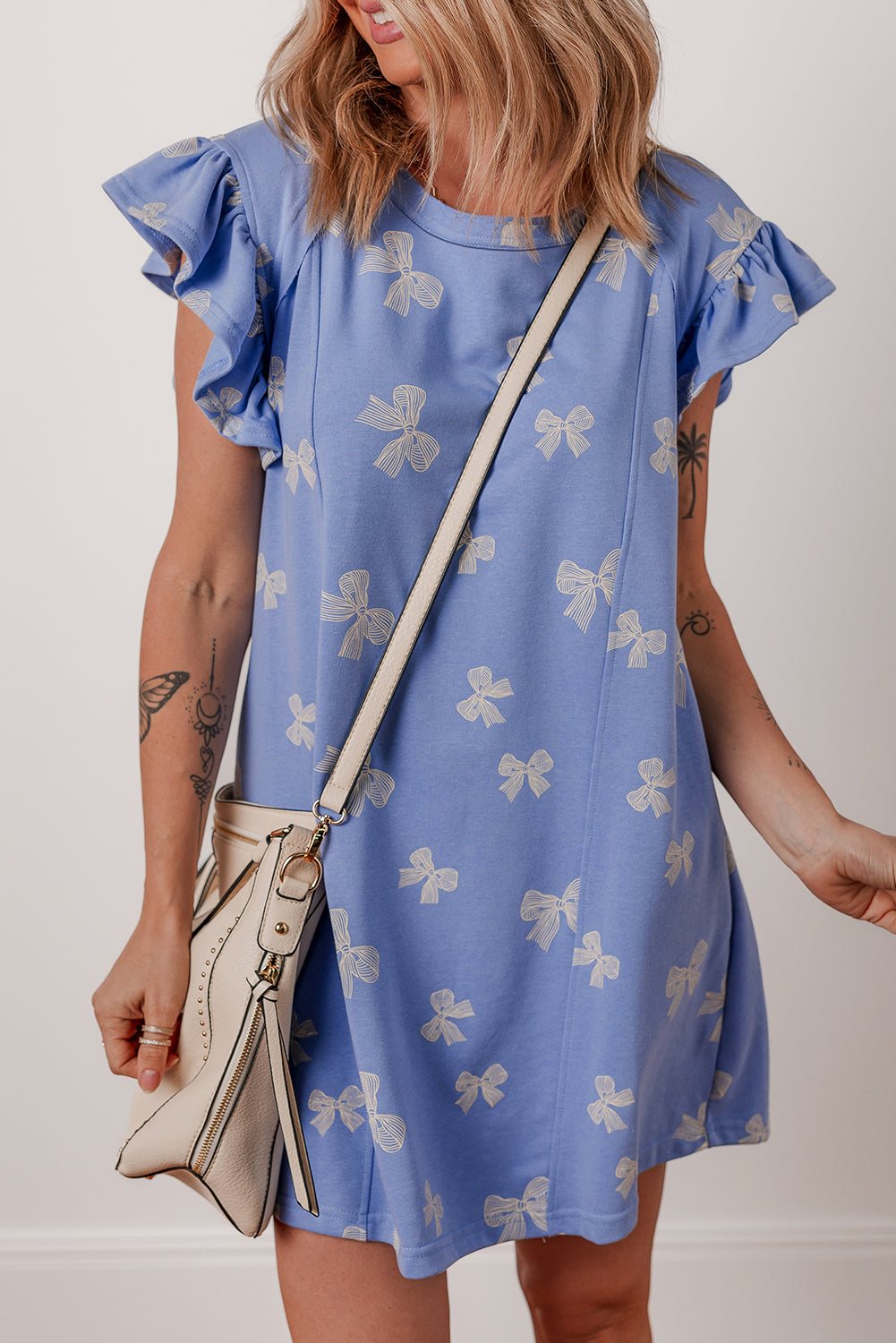 Bow Knot Print Crewneck Ruffled Sleeve Shift Mini Dress
