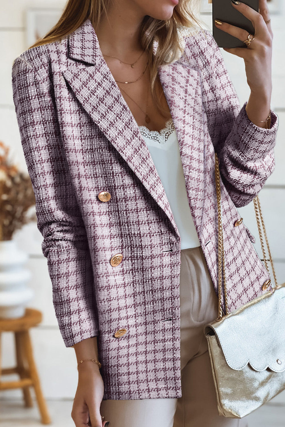 Refined Tweed Plaid Blazer in Burgundy