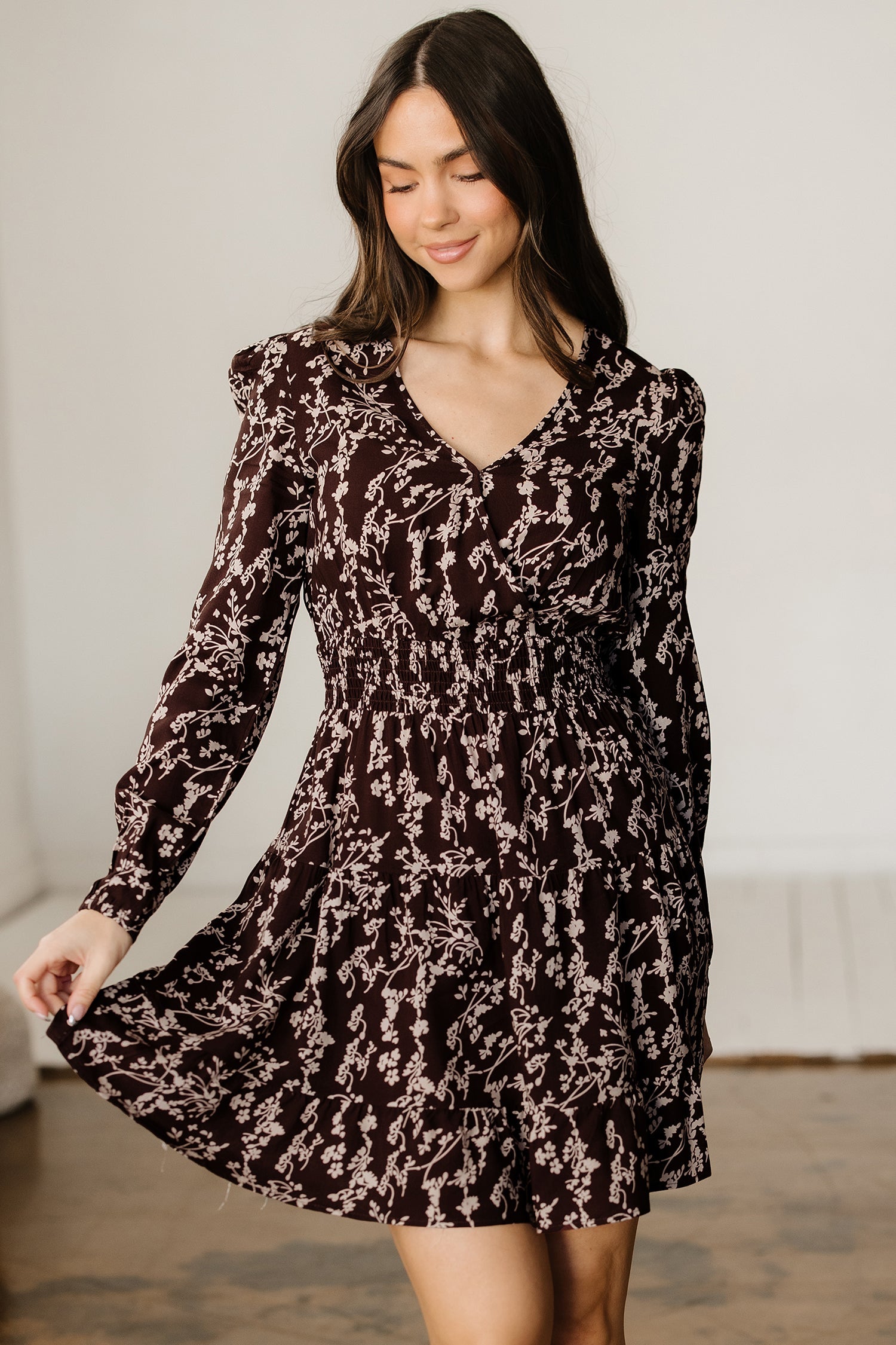 Split Ditsy Floral-Print Neck Long-Sleeved Shirred Waist Flared Mini Dress
