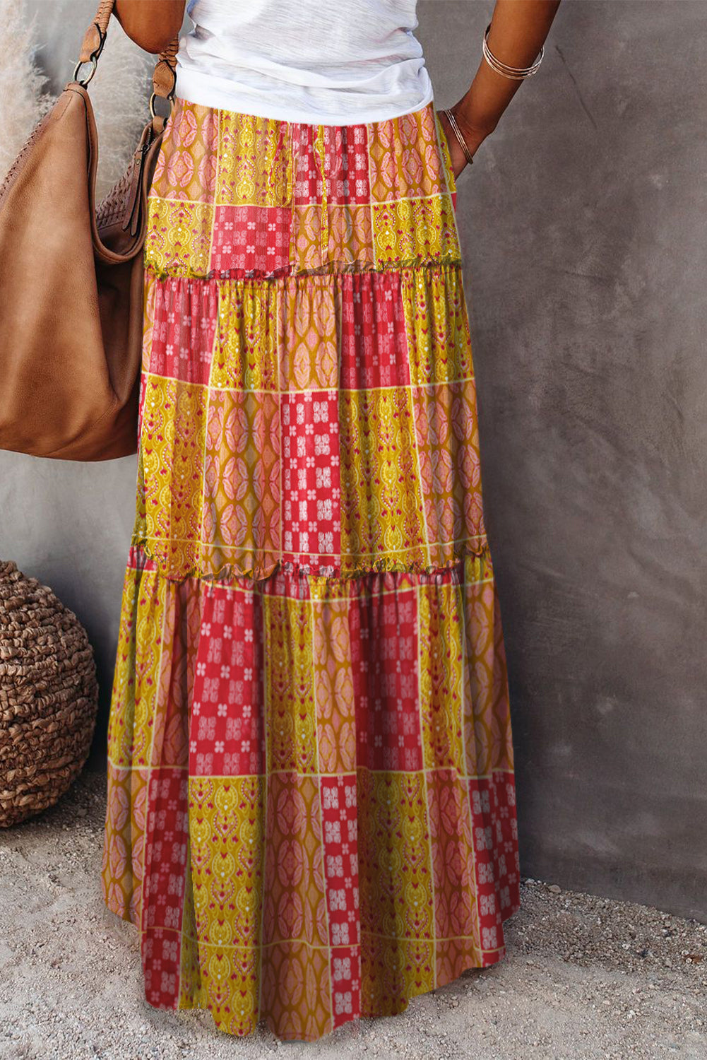 Tiered Pocket-Detail Paisley Print Maxi Skirt in Orange