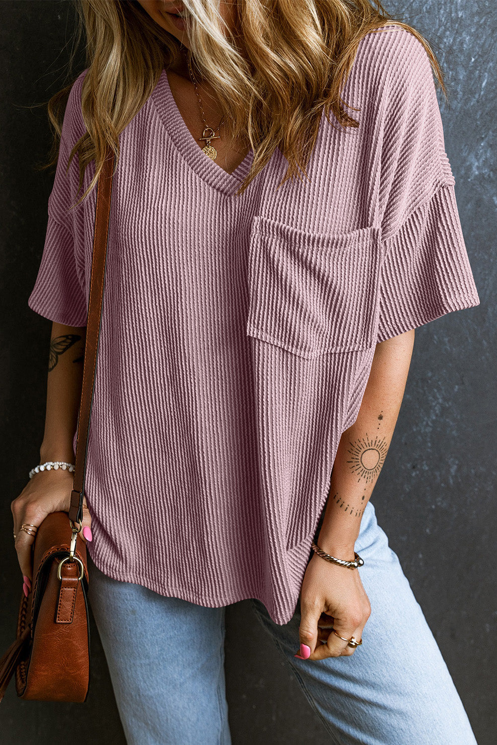 V-Neck Chest Corded Chest Pocket Loose T-shirt