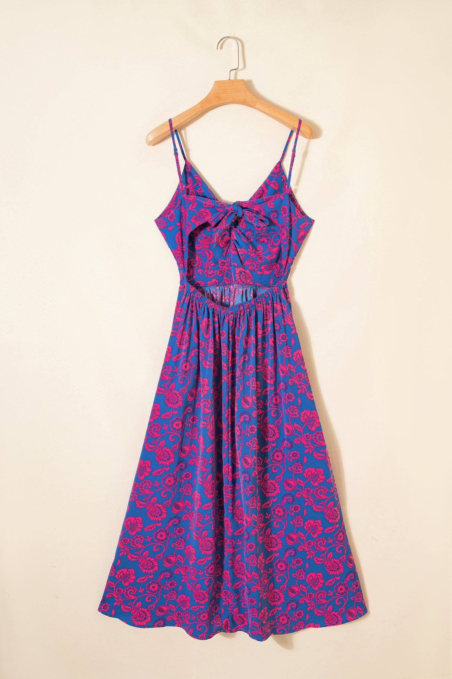 Twisted V-Neck Floral-Print V-Neck Tied Backless Maxi Dress in Blue