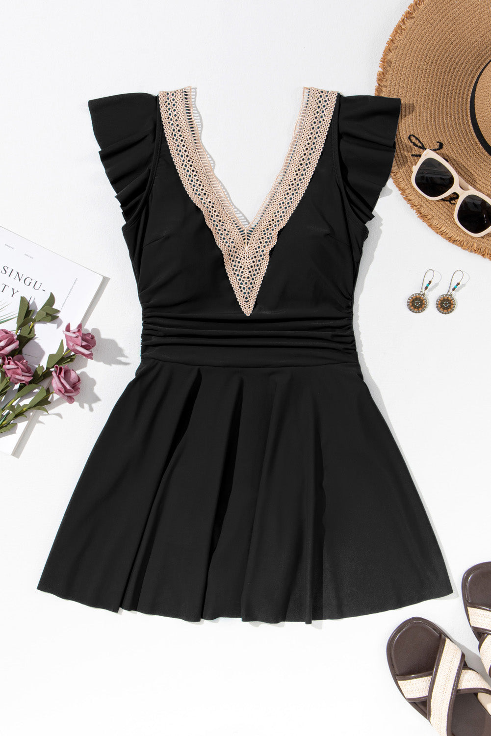 Ruffled Short-Sleeved Lace Trim V-Neck One Piece Swim Dress in Black