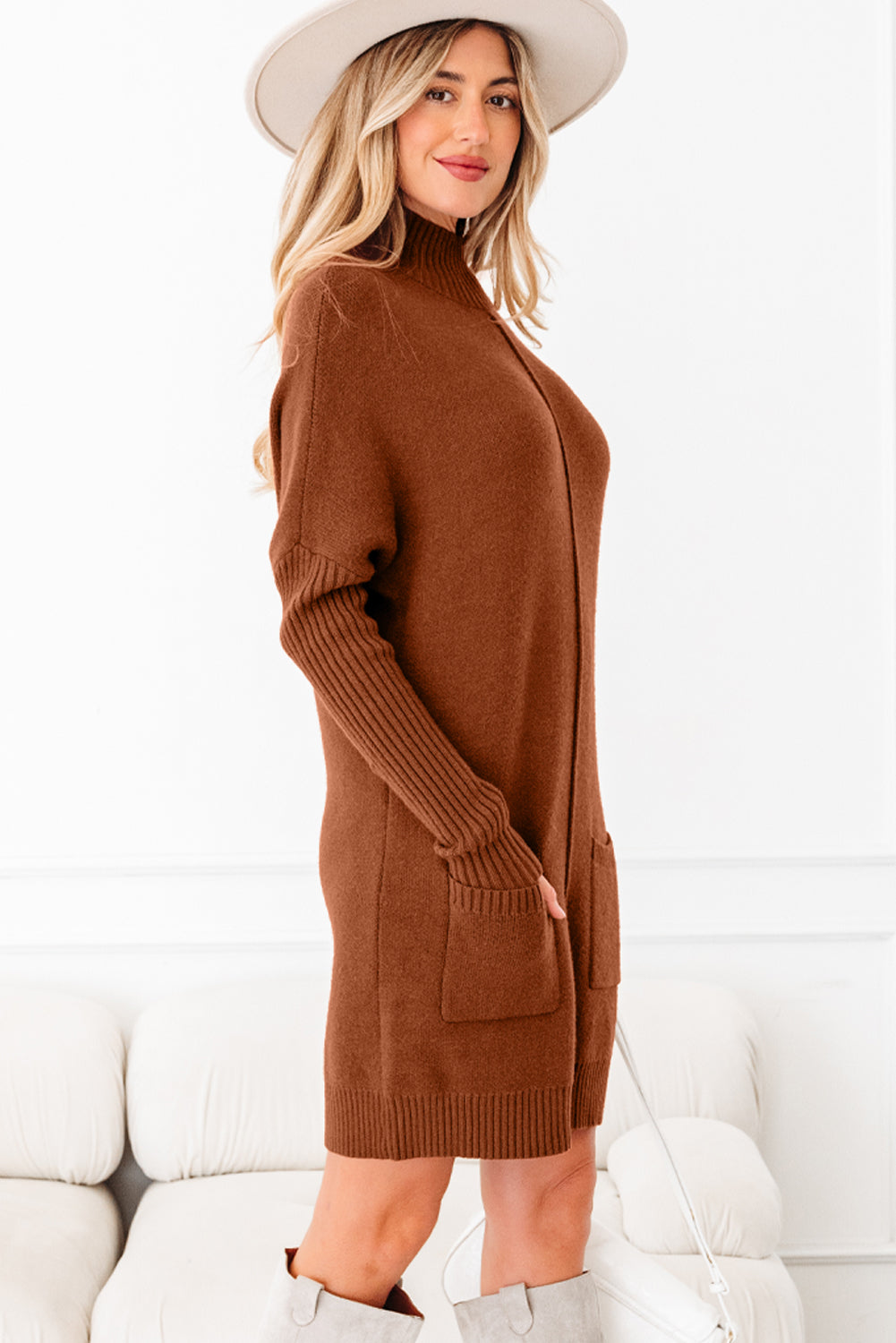 Neck Rib-Knit High Front Pockets Center Seam Shift Knit Top Dress