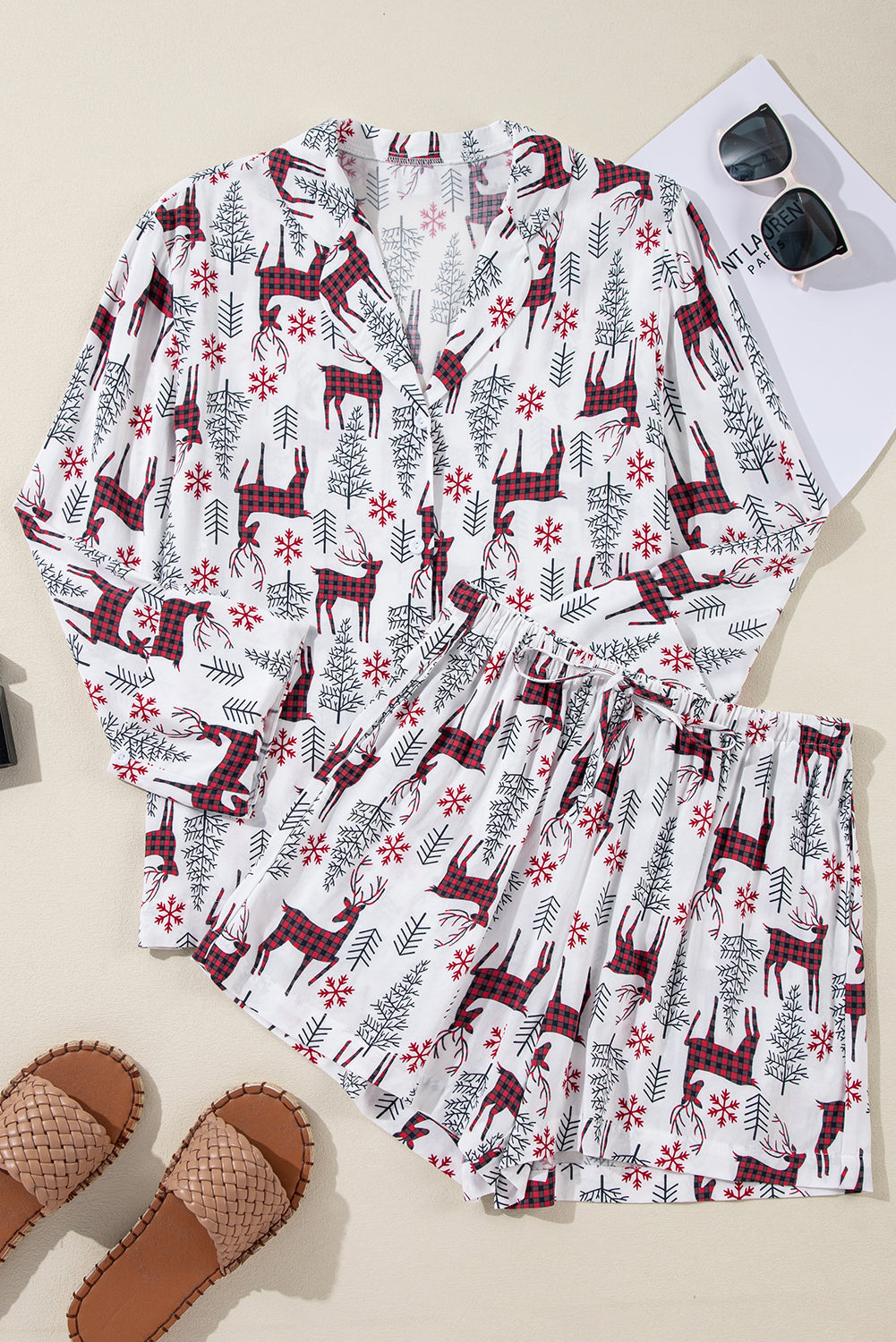 Christmas Deer Printed Shirt and Shorts Lounge Set