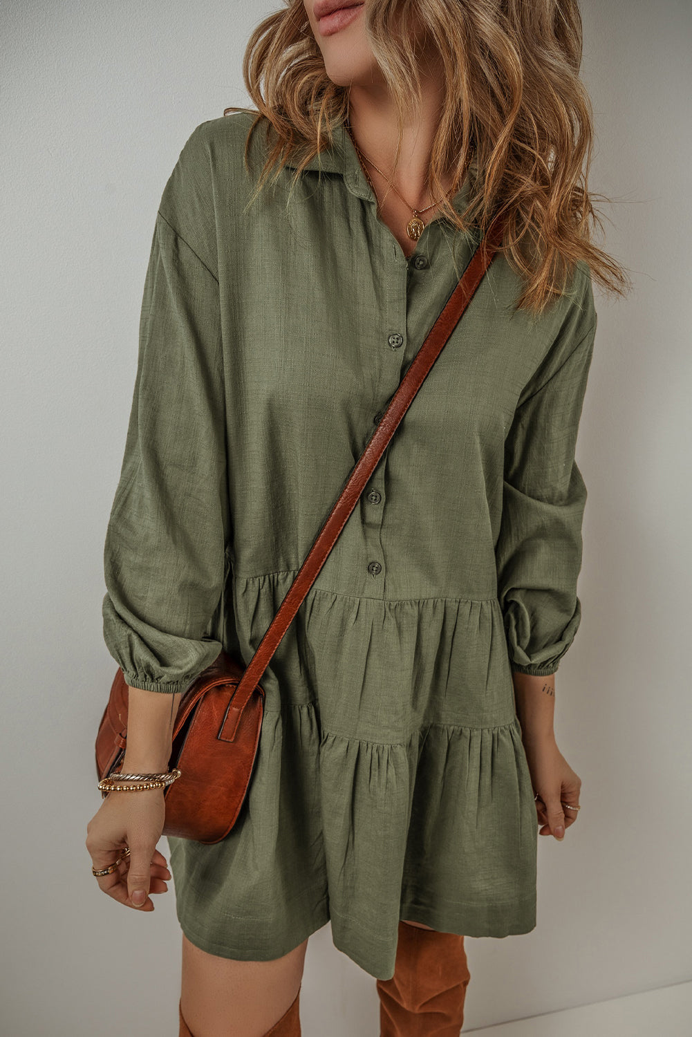 Women's Mini Dress Featuring Shirt Layered Pleat-Detail