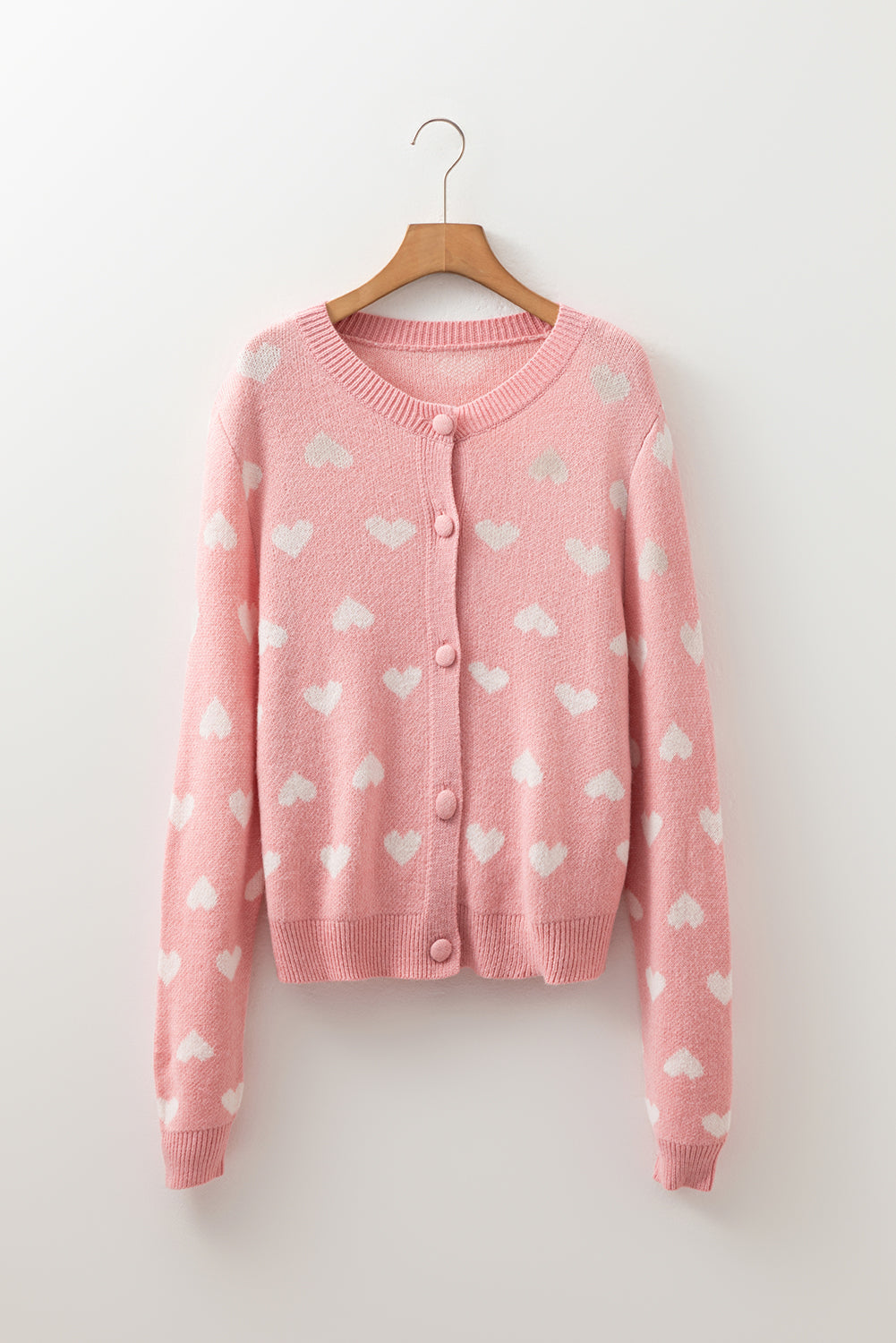 Heart Front Pattern Button Cardigan Knit Top in Light Pink