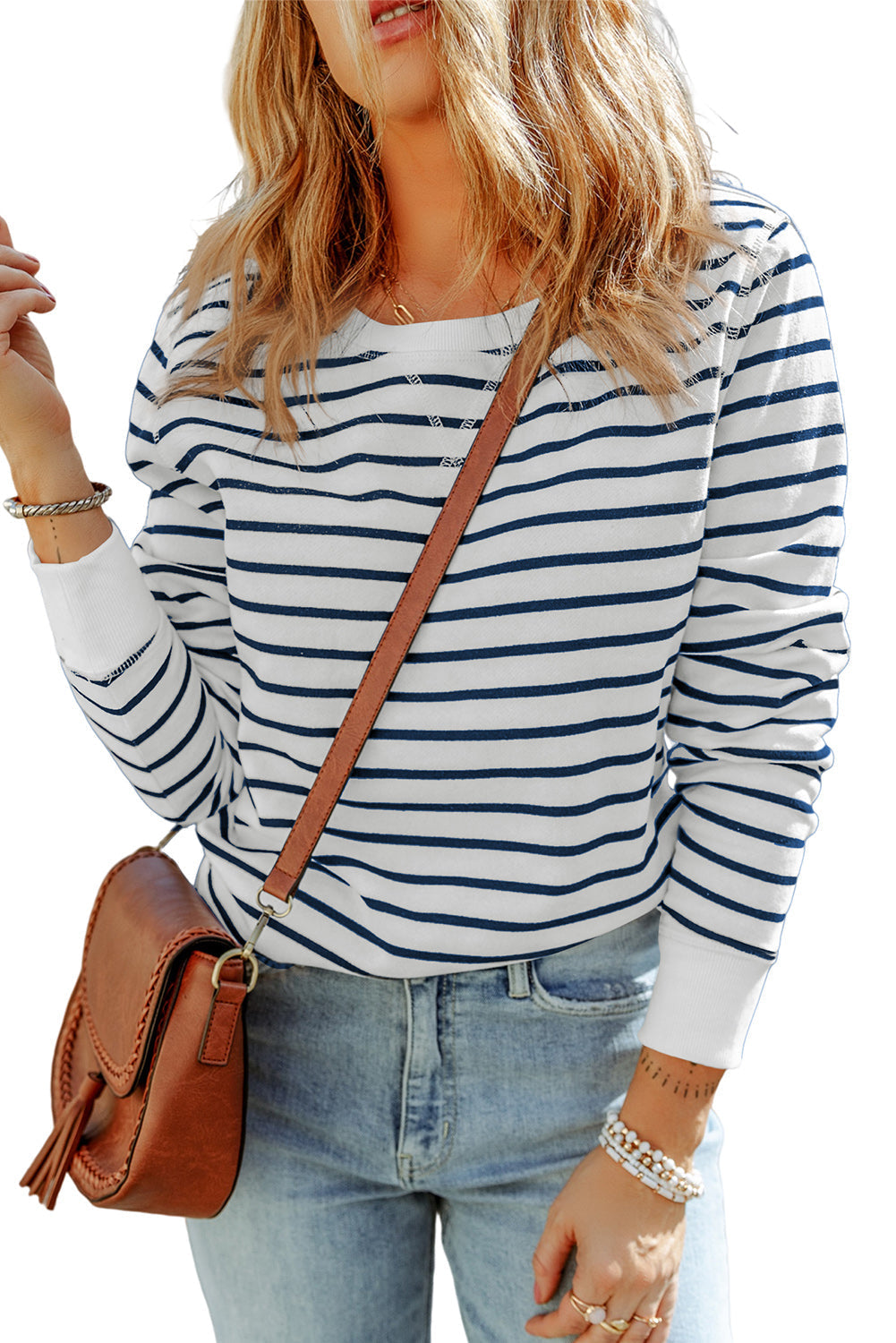Women's Top with Striped Rib-Knitted Trim Long-Sleeve
