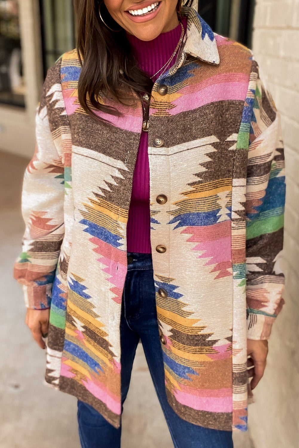 Aztec Print Button-Front Shacket in White
