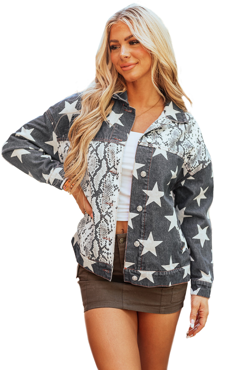 Denim Jacket with Star Snakeskin Patterned Patchwork-Style