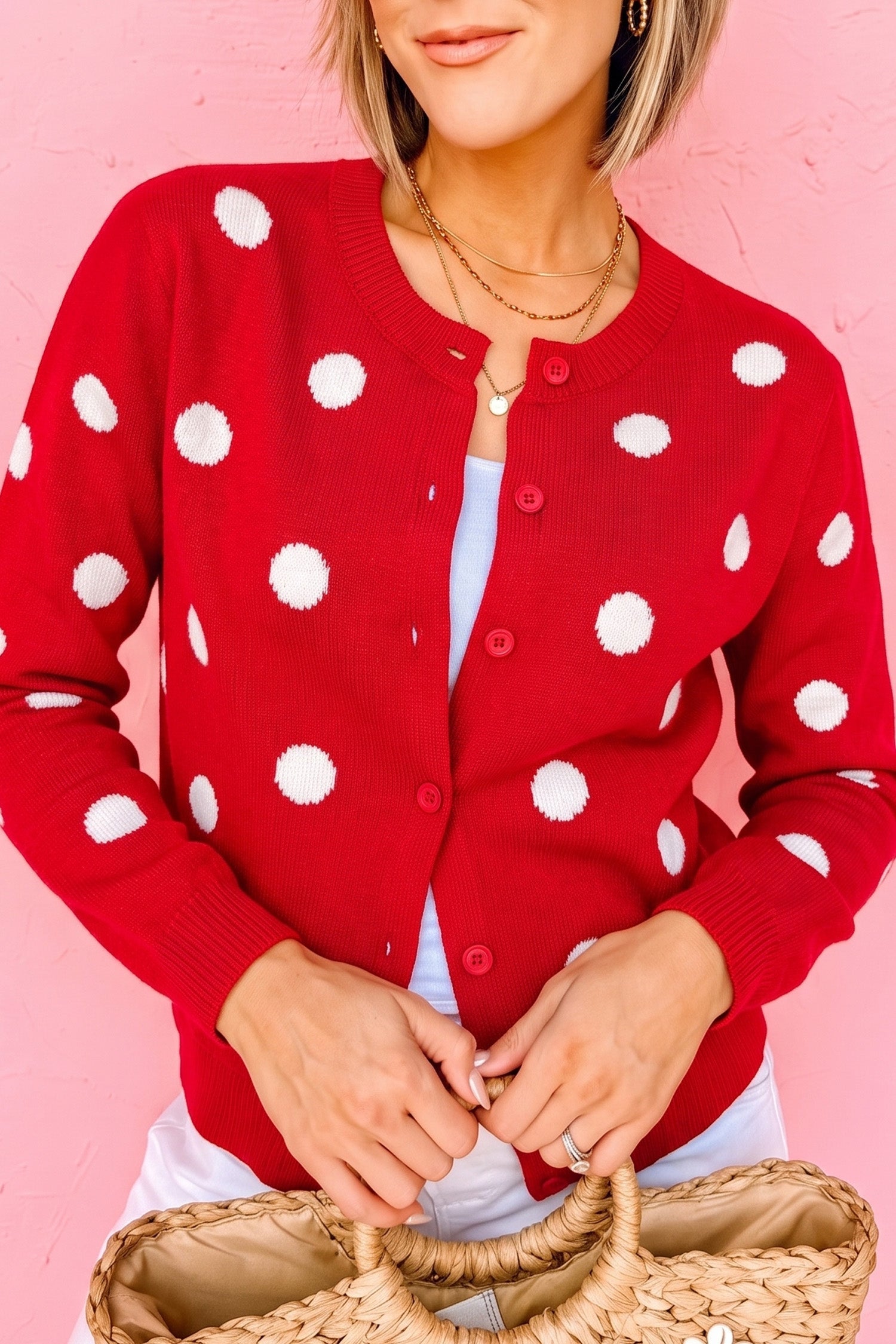 Everyday Polka-Dot Button Front Long-Sleeved Cardigan Knit Top in Fiery Red