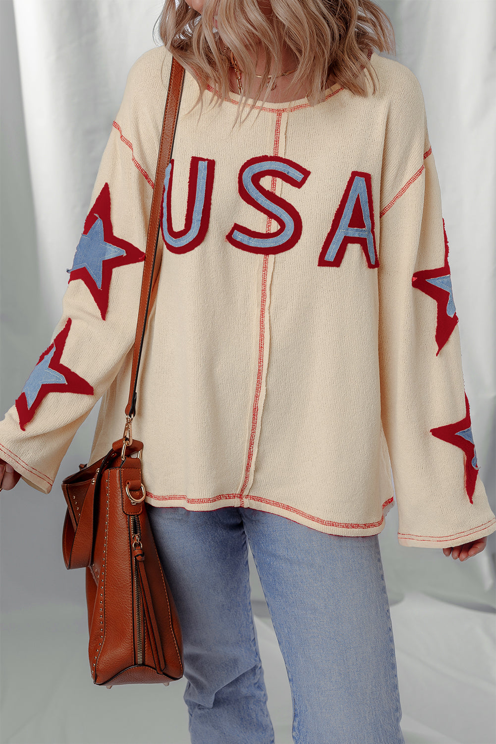 Contrast USA Star Patchwork Long-Sleeved Top in Beige