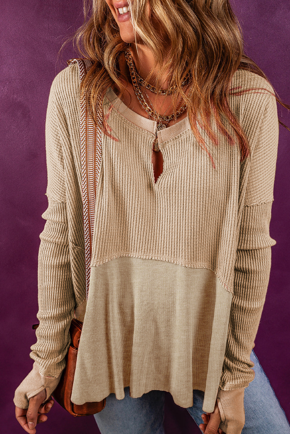 Women's Top with Patchwork Exposed Waffle Knitted