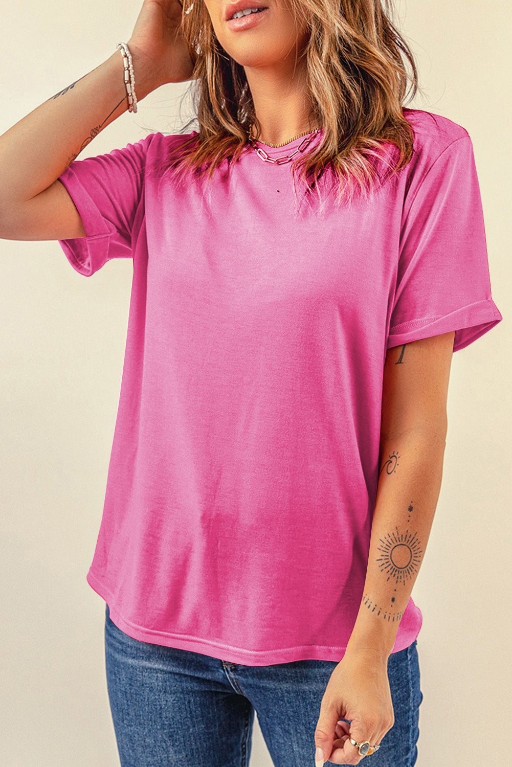 Pink Bright Casual Plain Crew Neck Tee