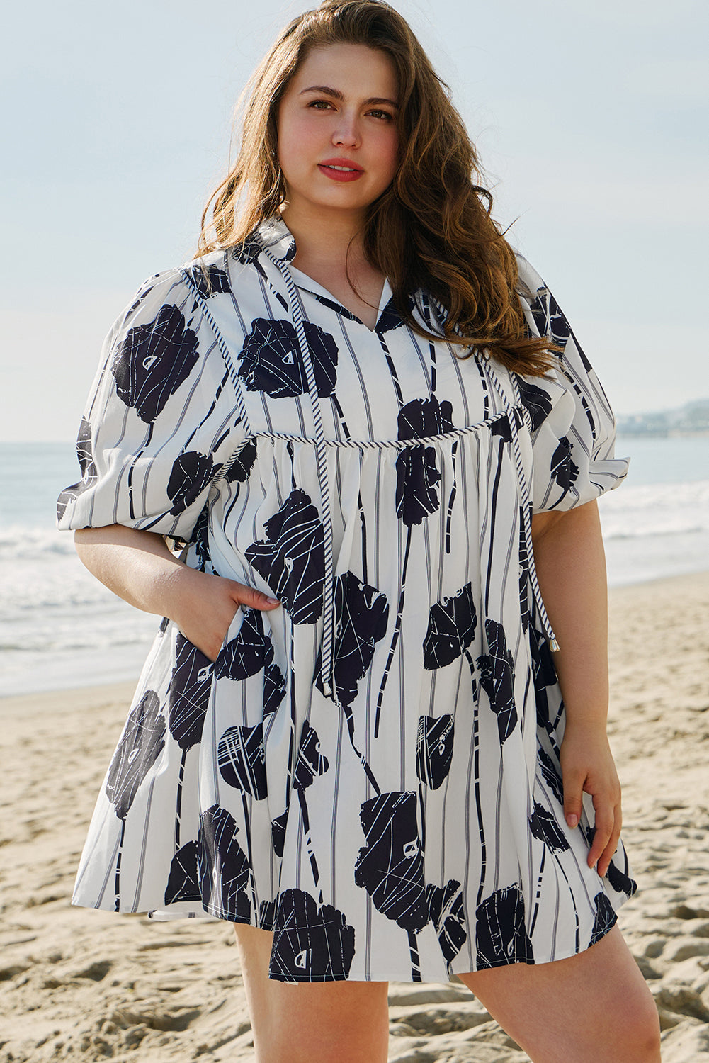 Plus Size Floral Lace-up Neck Mini Dress