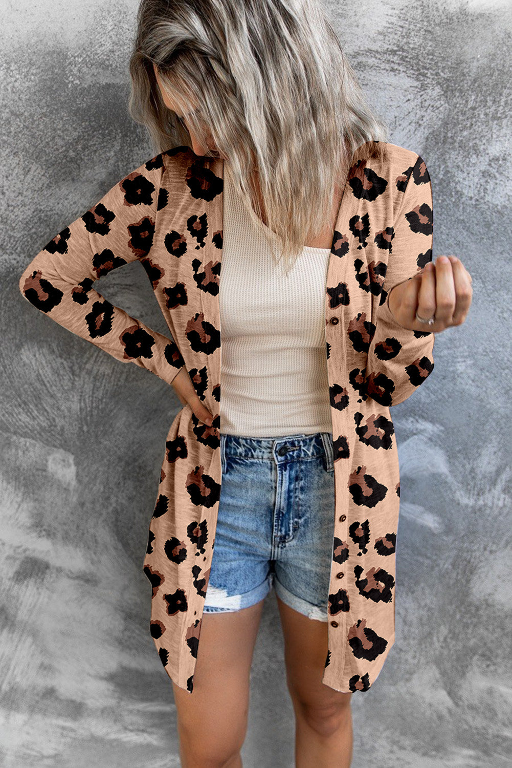 Women's Cardigan with Open Front Leopard-Print Printed