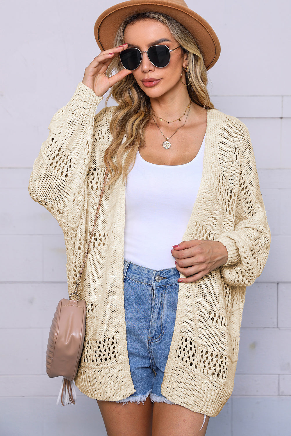Women's Cardigan Featuring Apricot Everyday Hollowed Knitted Dolman Sleeve