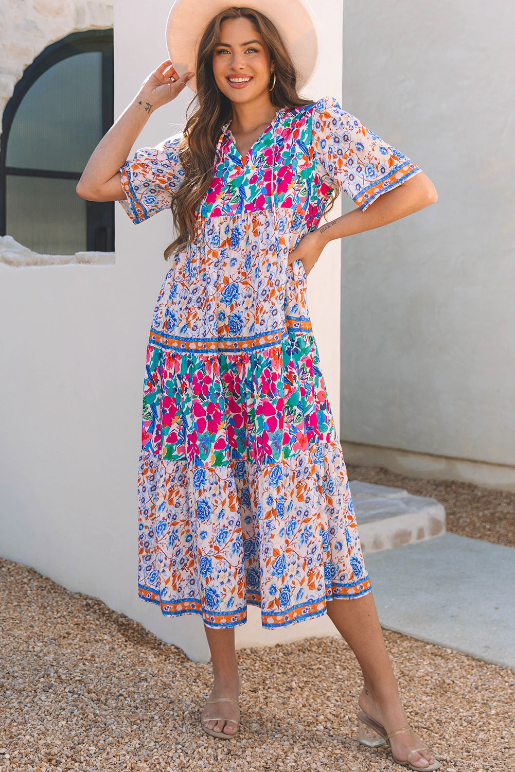 Mixed Floral Print Tie Split Neck Short Sleeve Dress