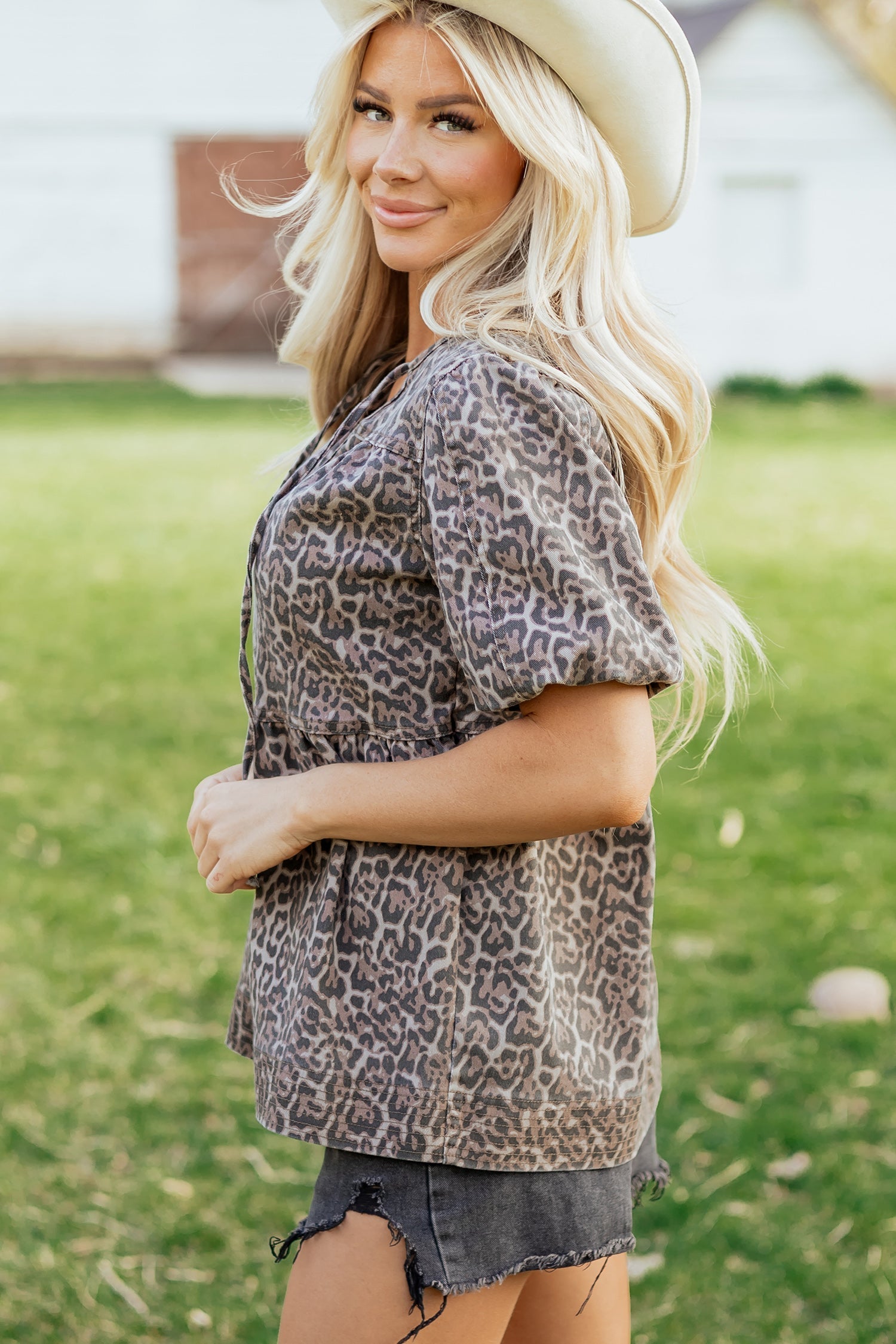 Leopard Tie Neck Short Puff Sleeve Denim Babydoll Top in Brown
