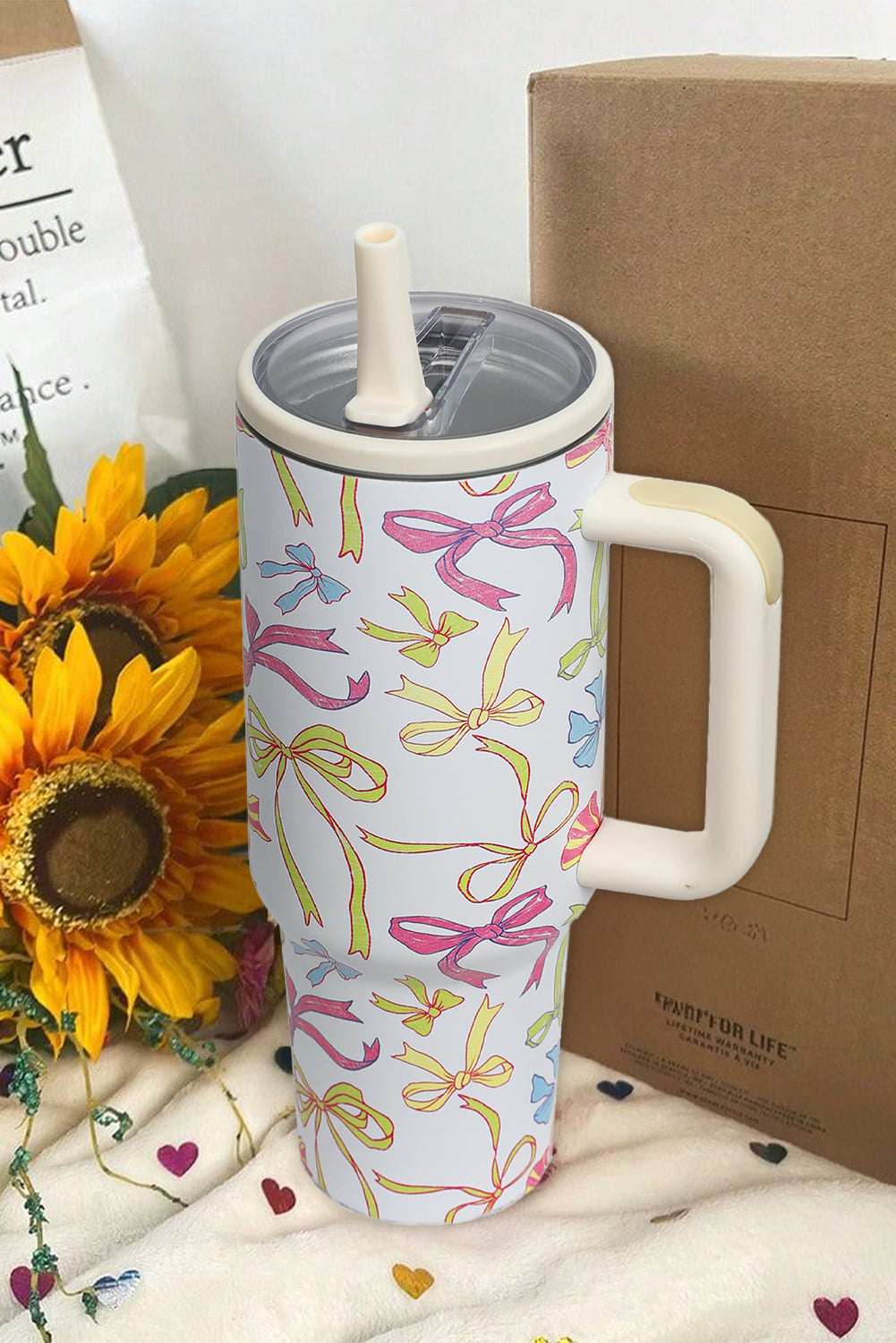 Bow Knot Print Handle Straw Insulate Tumbler 40oz