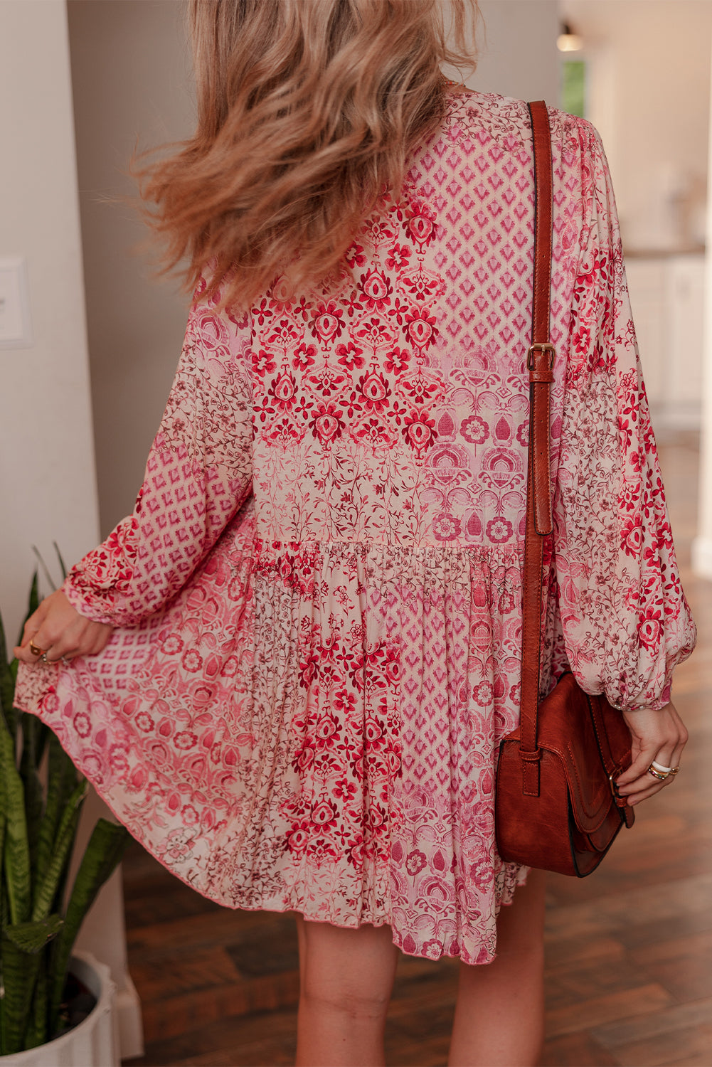 Bohemian Floral-Print Tassel Tie Long-Sleeved Flowy Mini Dress