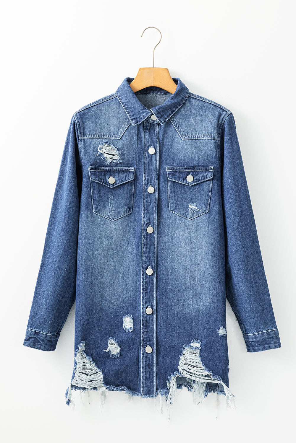 Light Frayed Wash Distressed Long Denim Jacket in Sky Blue