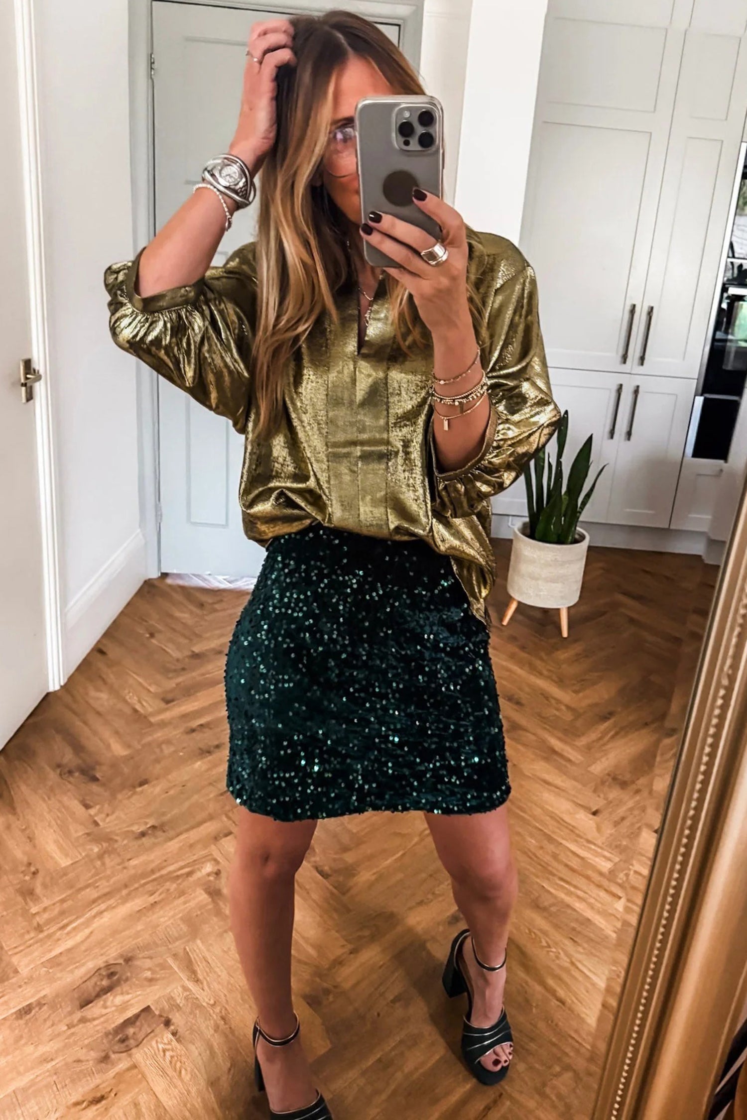 Metallic Half Split Neck Sleeve Blouse