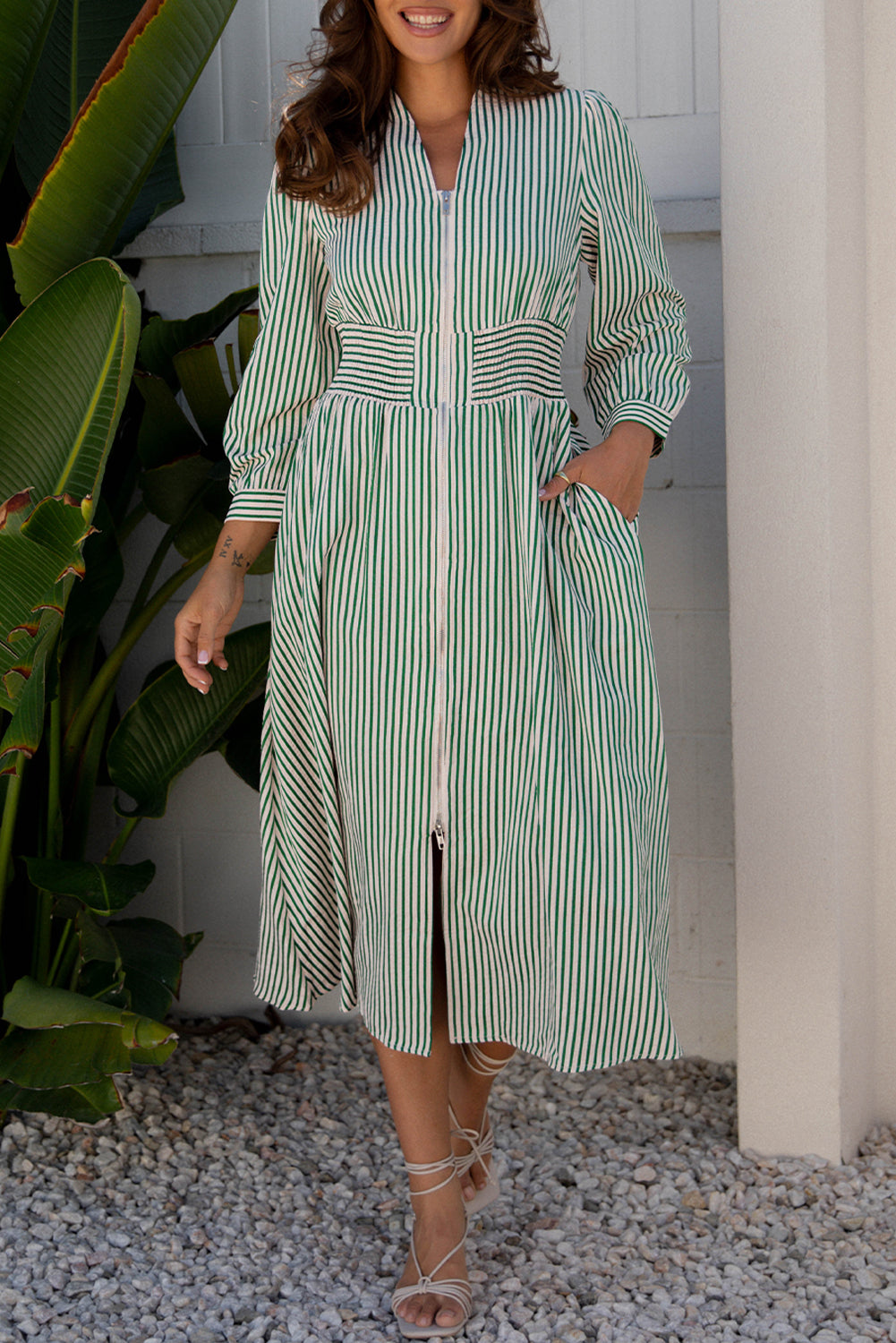 Front V-Neck Zip Cinched High-Waisted Midi Dress