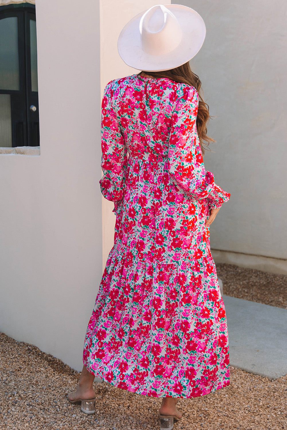 Floral Print Smocked Lantern Sleeve Tiered Maxi Dress