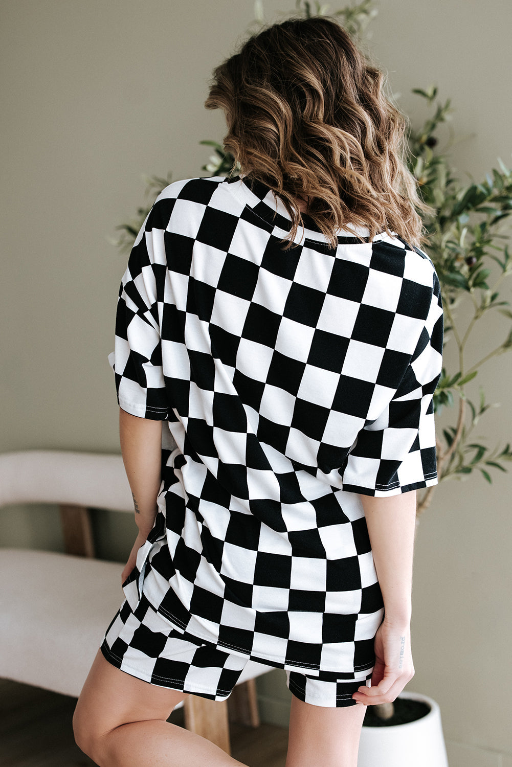 Print V-Neck Checkerboard V-Neck Loose Tee and Shorts Lounge Set
