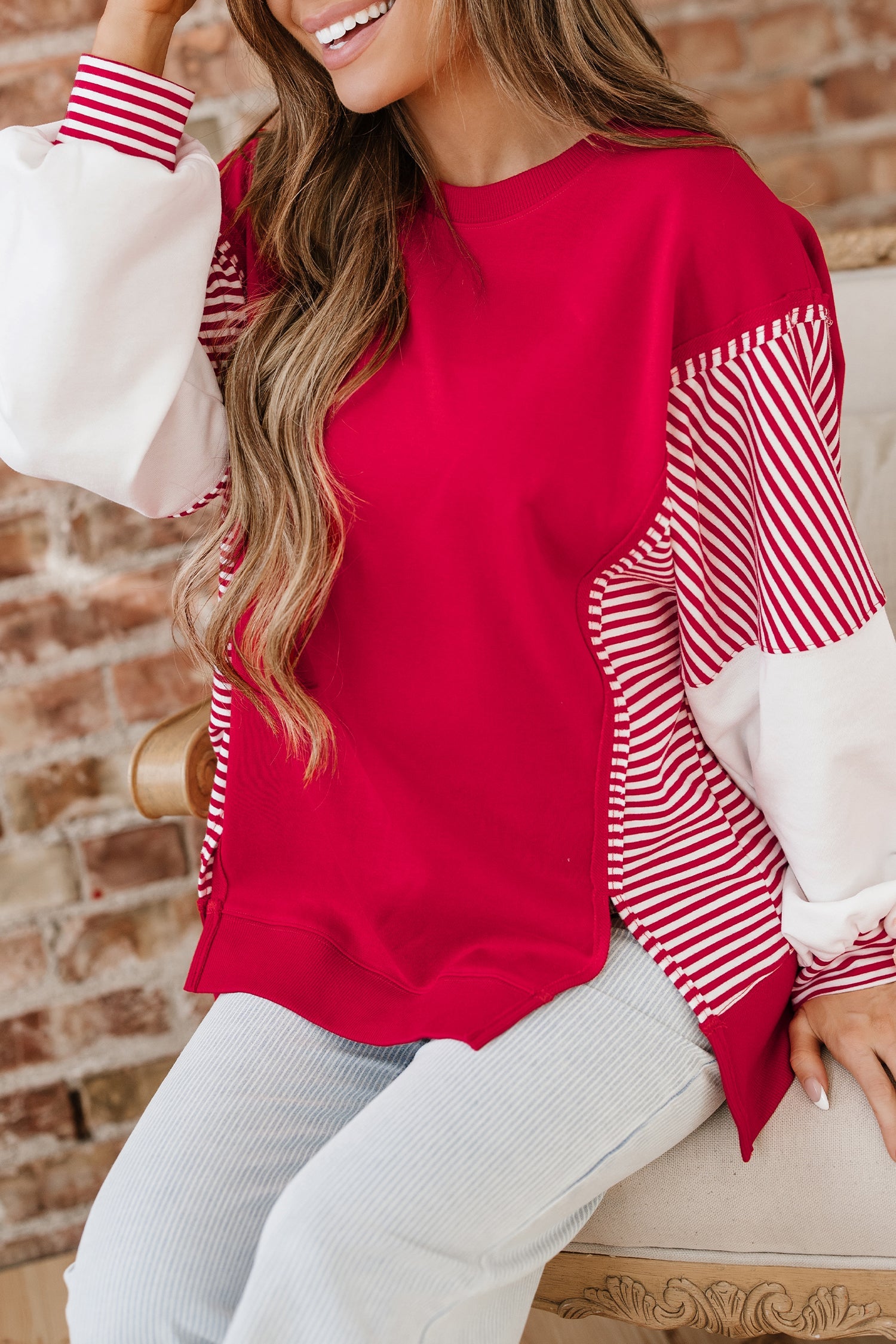 Striped Patchwork Sleeve Colorblock Sweatshirt