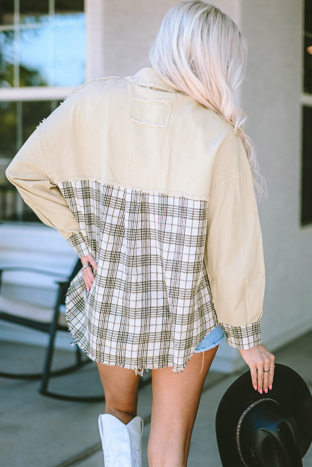 Women's Distressed Raw Edge Plaid Patchwork Denim Jacket