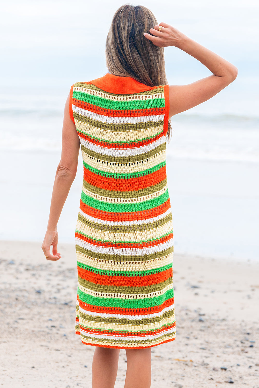 Eyelet Sleeveless Buttoned Split Neck Sweater Dress