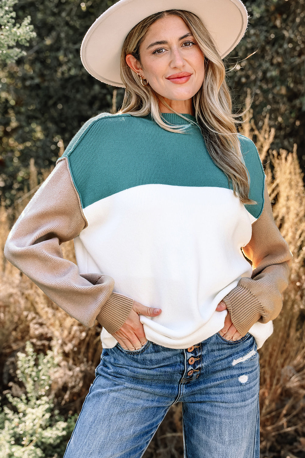 Plain Rib-Knit Colorblock Rib-Knit Knit Baggy Knit Top
