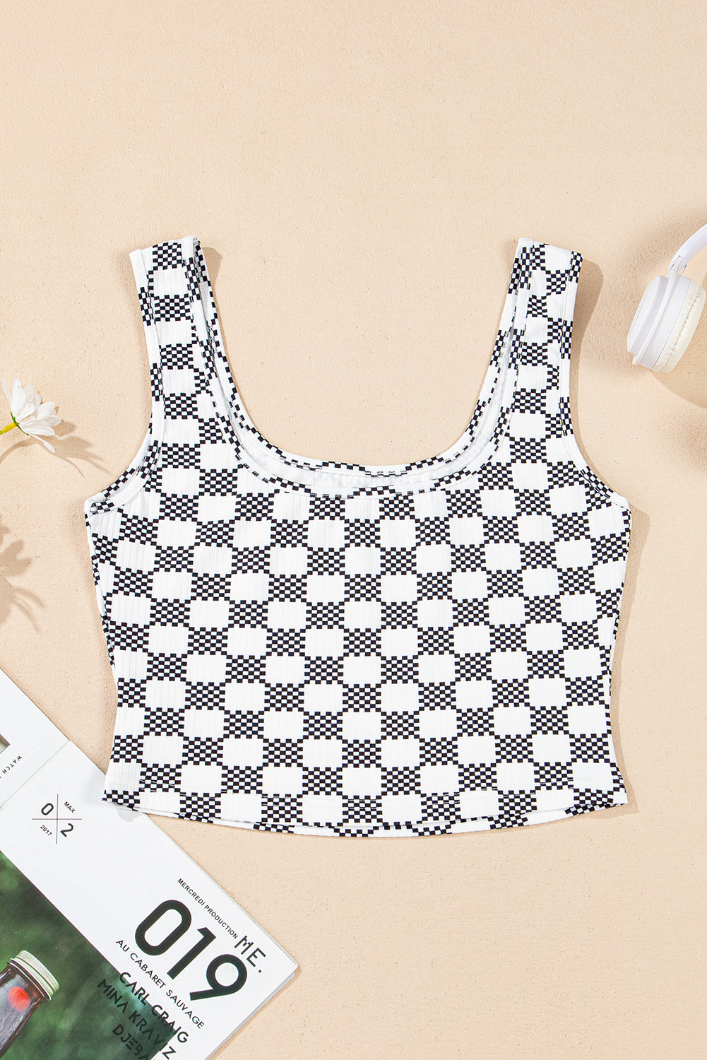 Checkered Print U Neck Cropped Tank Top