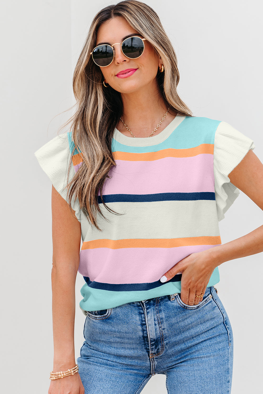 Flutter Striped Colorblock Sleeve Patchwork Knit Top Top