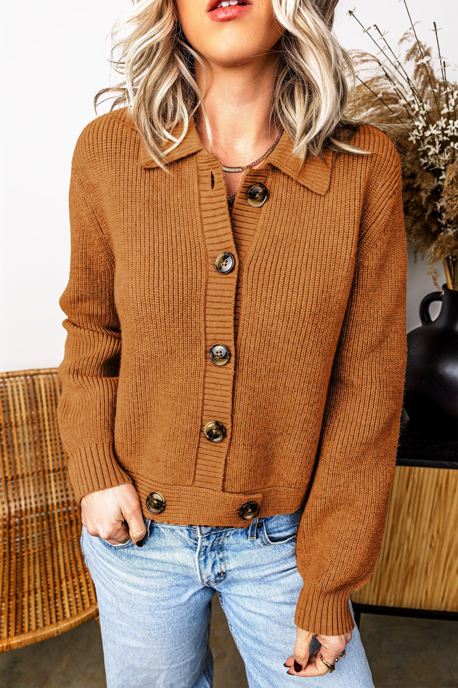 Mustard Collar Rib-Knit Knit Button Front Long-Sleeved Cardigan