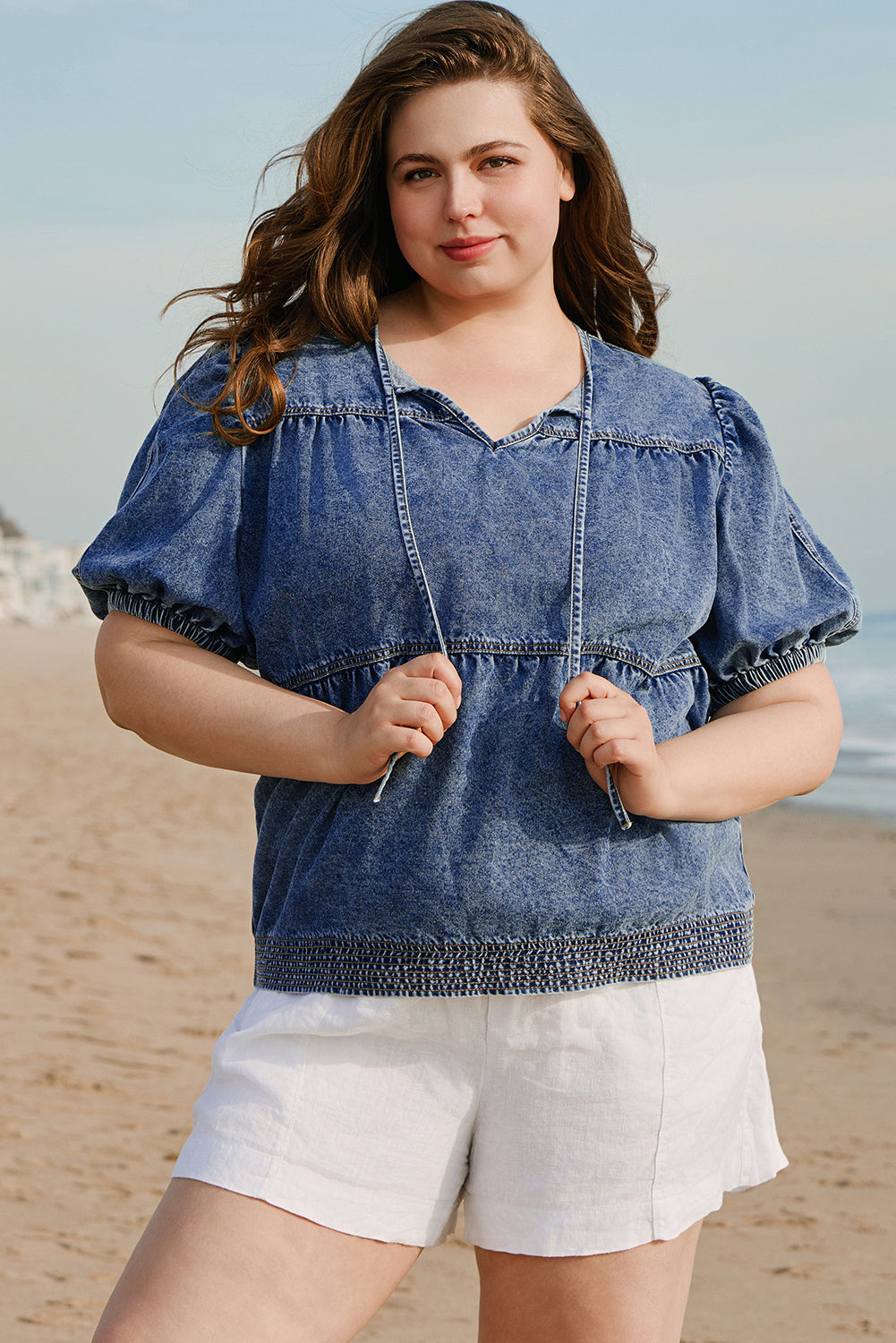 Plus Drawstring V Neck Puff Sleeve Denim Blouse