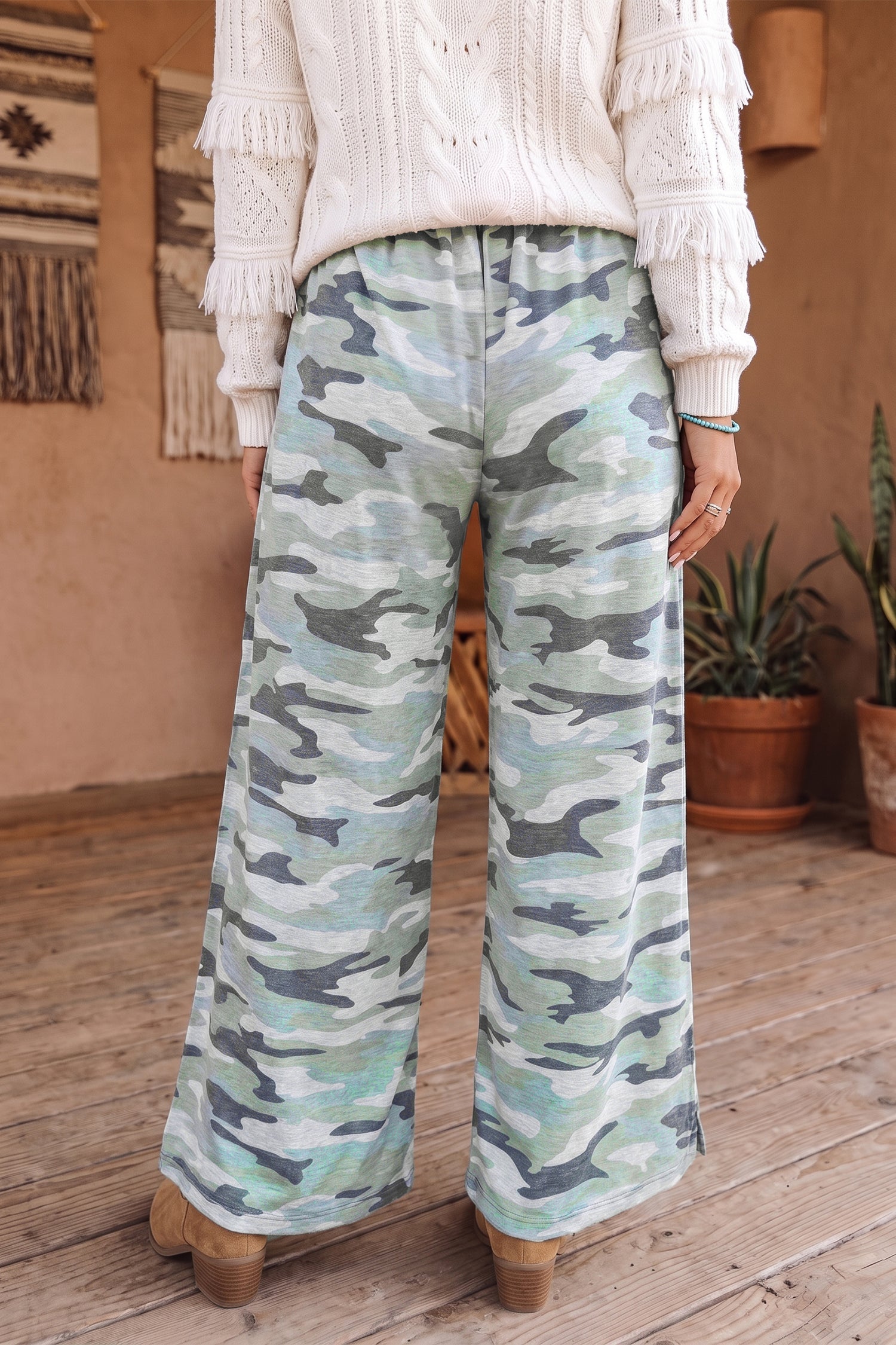 Camo Wide-Leg Tie Elastic Waist Everyday Pants in Green
