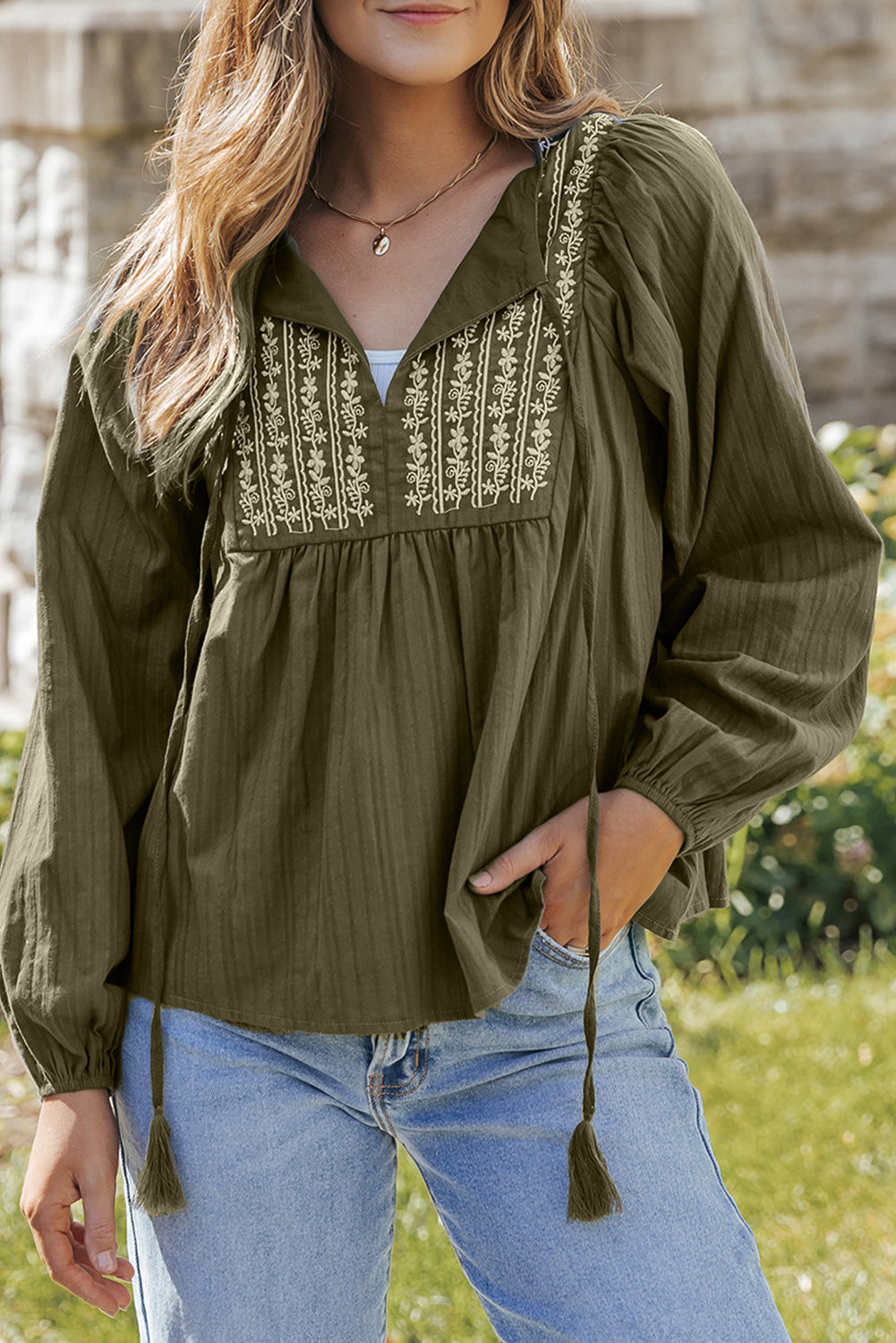 Women's Blouse with Green Split Neck Pleat-Detail Loose