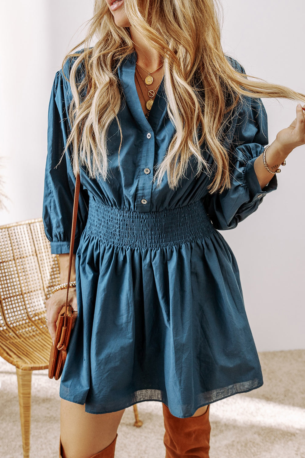Mini Dress for Women Three-Quarter Sleeve Shirred High-Rise